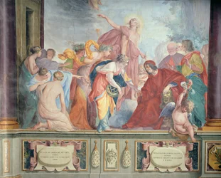 Lorenzo de Medici y Apolo dan la bienvenida a las musas y virtudes a Florencia